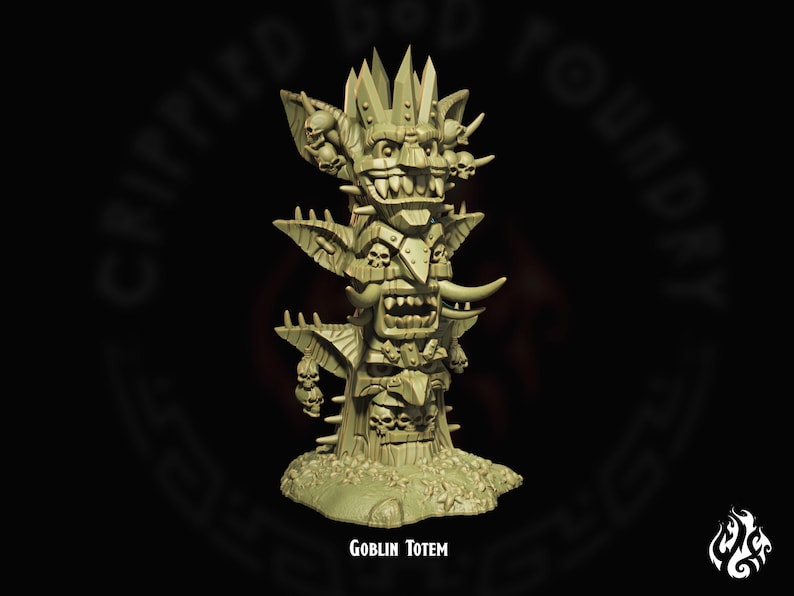 May include: A detailed goblin totem made of a light brown material. The totem is carved with multiple goblin faces and skulls. The totem is standing on a base with a small inscription that reads "Goblin Totem".