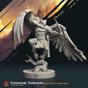 Könnte beinhalten: Eine unbemalte Miniaturfigur eines gefiederten Humanoiden, der Featherwind Talonstrike, mit Pfeil und Bogen. Die Figur hat große Flügel und steht auf einem detaillierten Sockel. Der Text unten lautet "Featherwind Talonstrike Arakocra Monster-Hunter Ranger" und "Size: M Base: 25mm".