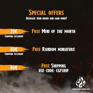 May include: An advertisement with text on a dark background. It promotes special offers: spend $20 and get a free mini of the month, spend $60 and get a free random miniature, or spend $80 and get free shipping with code CGFSHIP.