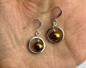 Dainty Bronzed Olive Pearls Orbital Dangle Earrings | Dyed Pearl Beads, Neutral Pearls Boho Drop Earrings, Silver Tone Finishes
