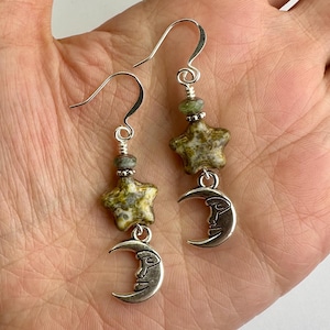 Starry Night Celestial Moons + Stars Dangle Earrings | Gray-Blue Swirl Czech Glass Stars, Moon Charms Boho Drop Earring Silver Tone Finish