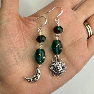 Celestial Deep Aqua Czech Glass Suns + Moons Dangle Earrings | Blue Glass Beads, Moon Star Charms Long Boho Earrings, Silver Tone Finishes