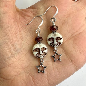 Full Moons +  Silver Stars Dangle Earrings | Neutrals Czech Glass Moon Beads and Star Charms Boho Style Drop Earrings, Silver Tone Finishes