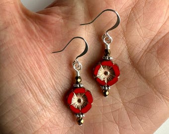Poppy Red Czech Glass Flower Dangle Earrings | Red + Copper Floral Pressed Glass Beads, Boho Style Drop Earrings, Silver Tone Finishes