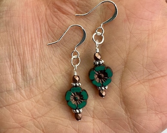 Dainty Teal + Bronze Flowers Czech Glass Dangle Earrings | Carved Floral Czech Glass Beads, Boho Style Drop Earrings Silver Tone Finishes