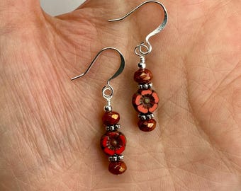 Itty Bitty Dainty Orange Flower Dangle Earrings | Tiny Bright Orange Czech Glass Flowers, Boho Drop Earrings, Silver Tone Finishes