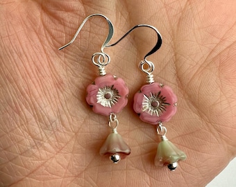 Pale Pink Daisies + Dainty Minty Swirl Flowers Earrings | Soft Pink Glass + Bell Flower Beads, Boho Drop Earrings, Silver Tone Finishes