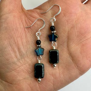 Deep Aqua Stars + Black Rectangle Czech Glass Double Dangle Earrings | Table Cut Glass Beads Boho Style Drop, Silver Tone Finishes