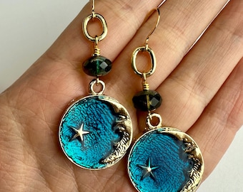 Blue Moons + Stars Celestial Dangle Gold Link Earrings | Astrology Lover, Czech Glass Beads + Enamel Charms Drop Earring, Gold Tone Finishes