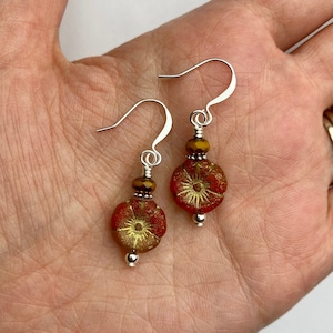 Dainty Burnt Orange Flower Dangle Earrings | Orange Czech Glass Floral + Mustard Faceted Beads, Boho Drop Earrings, Sterling Silver Finishes