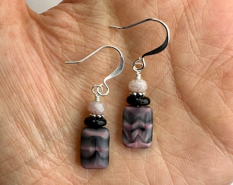 Milky Pink + Black Czech Glass Rectangle Dangle Earrings | Unique Striped Picasso Glass Beads, Boho Style Drop Earring, Silver Tone Finishes