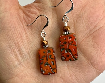 Unique Orange Striped Carved Czech Glass Rectangle Dangle Earrings | Multicolor Picasso Glass Beads, Boho Drop, Silver Tone Finish *updated*