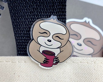 Coffee Sloth Die Cut Acrylic Pin | Cute Sloth + Coffee Custom Button | Cute Coffee Sloth Acrylic Pin, Gift Idea, Coffee Lover Gift