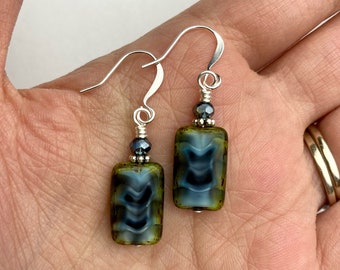 Shifting Slate + Black Rectangle Czech Glass Dangle Earrings |  Striped Gray Picasso Glass Beads, Boho Style Earrings, Silver Tone Finishes