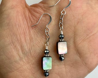 Black Mother of Pearl + Dainty Silver Chain Dangle Earrings | Square Dyed Shell Beads + Czech Glass Boho Drop Earrings, Silver Tone Finishes
