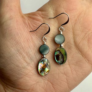 Abalone Ovals + Grey Shell Stacked Dangle Earrings | Gemstone Oval + Mother of Pearl Bead Earrings, Silver Tone Finishes