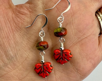Bright Orange Fall Leaf + Chartreuse Czech Glass Double Dangles | Czech Glass Autumn Leaves, Boho Style Drop Earring, Silver Tone Finishes