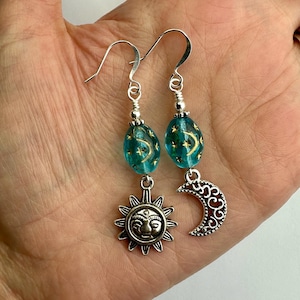 Celestial Sky Blue Czech Glass Suns + Moons Dangle Earrings | Blue Glass Beads, Moon + Sun Charms BohoDrop Earrings, Silver Tone Finish