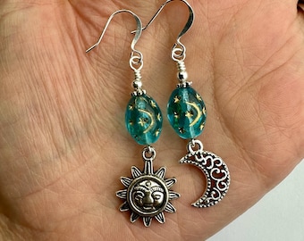 Celestial Sky Blue Czech Glass Suns + Moons Dangle Earrings | Blue Glass Beads, Moon + Sun Charms BohoDrop Earrings, Silver Tone Finish