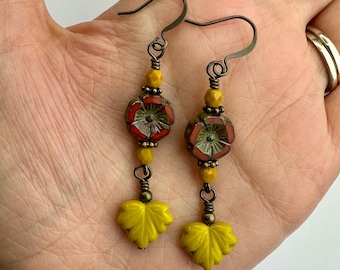 Chartreuse Leaves + Retro Orange Flowers Double Dangle Earrings | Czech Glass Flowers, Boho Drop Earrings, Antiqued Brass Tone Finishes