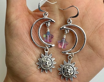 Sun, Moon + Stars Blue and Purple Stars LONG Dangle Earrings | Colorful Czech Glass Beads, Celestial Drop Earrings, Silver Tone Finishes