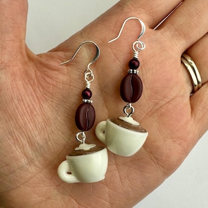 Fancy Cappuccino Cups + Coffee Beans Dangle Earrings | Resin Coffee Cup Charms, Czech Glass Coffee Bean Drop Earrings, Silver Tone Finishes