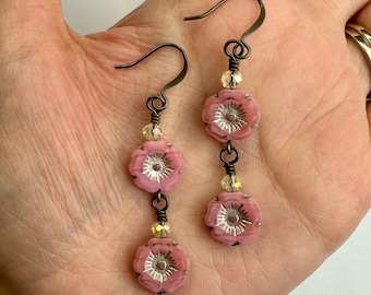 Soft Pink Floral Double Dangle Earrings | Pink Czech Glass Flowers, Pressed Glass Hibiscus, Boho Drop Earrings, Antiqued Brass Finishes