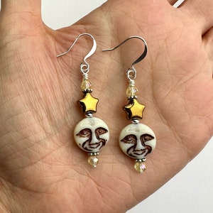Full Moons + Czech Glass Stars Dangle Earrings | Bronze Glass Beads, Moon and Star Charms Boho Style Drop Earrings, Silver Tone Finishes