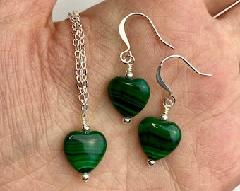 Malachite Hearts Earrings + Necklace Set | Bright Green Natural Malachite Gemstone Heart Drop Earrings Silver Tone Finishes 16”-18” Necklace