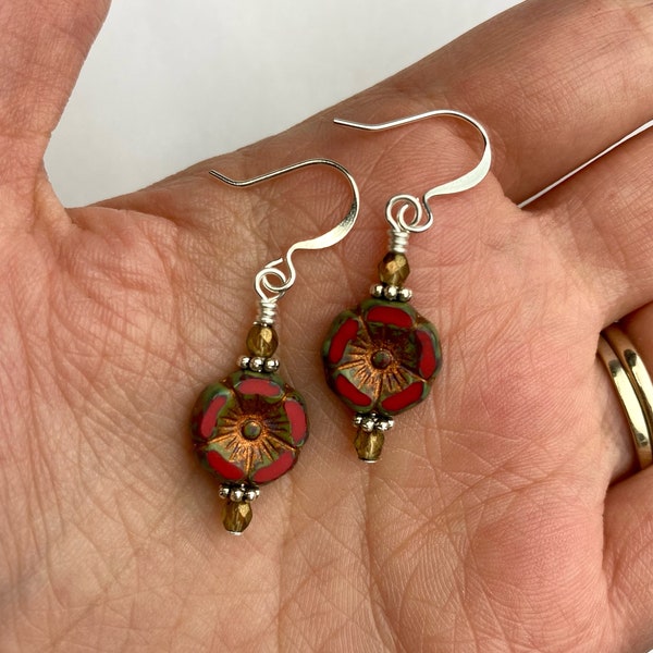 Poppy Red Czech Glass Flower Dangle Earrings | Red + Copper Floral Pressed Glass Beads, Boho Style Drop Earrings, Silver Tone Finishes