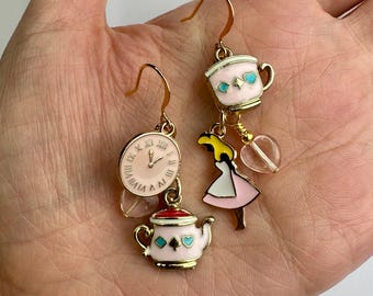 Pink Alice in Wonderland Shorter Dangle Earrings | White Rabbit Alice in Wonderland Charms Disney Inspired Drop Earrings Gold Tone Finishes