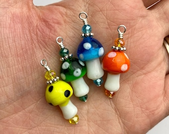 Colorful Funky Lampwork Mushroom Dangle Earrings | Multicolor Mushroom Lampwork Glass Beads, Cute Drop Earrings Silver Tone Finishes