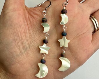LONG Mother of Pearl Moons + Stars Iridescent Druzy Celestial LONG Dangle Earrings | Shell Moon and Star Drop, Silver Tone Finishes