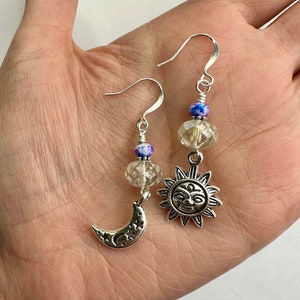 Heavenly Celestial Suns + Moons Dangle Earrings | Blue + Purple Specked Glass Beads, Moon + Sun Charms BohoDrop Earrings, Silver Tone Finish