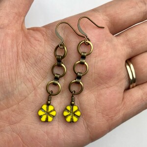 Dainty Yellow Flower + Long Chain Dangle Earrings | Retro Style Tiny Yellow Czech Glass Flowers, Boho Drop Earrings, Antique Brass Finishes
