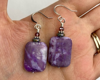 Deep Lilac Crazy Lace Agate Dangle Earrings | Purple Gemstone + Czech Glass Beads, Boho Style Drop Earrings, Silver Tone Finishes