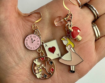 Pink Alice in Wonderland + Mushrooms Dangle Earrings | White Rabbit, Alice in Wonderland Enamel Charms, Disney Inspired, Gold Tone Finishes