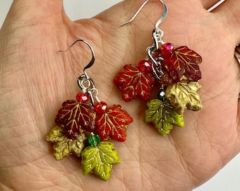 Soft Fall Colors Leaf Multi-Dangles | Dangle Earrings, Colorful Czech Glass Autumn Leaves, Boho Style Drop Earrings, Silver Tone Finishes