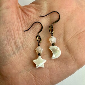 Mother of Star & Pearl Moon Neutrals Czech Glass Stars Celestial Dangle Earrings | Outer Space Charms, Drop Earring, Antiqued Brass Finishes