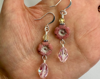 Pale Pink Flowers + Tear Drops Dangle Earrings | Soft Pink Glass Flowers + Faceted Beads, Boho Drop Earrings, Silver Tone Finishes