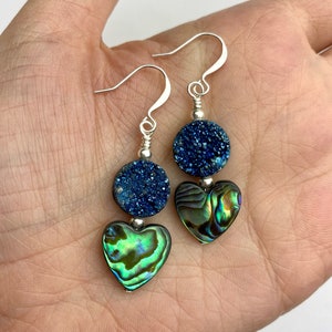 Abalone Hearts + Iridescent Blue Quartz Geode Dangle Earrings | Heart Earrings, Gemstone Hearts + Drusy Geode Earrings, Silver Tone Finishes