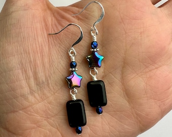 Outer Space Double Dangle Earrings Iridescent Stars + Black Rectangle Czech  | Table Cut Glass Beads Boho Style Drop, Silver Tone Finishes