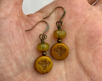 Deep Golden Yellow Honey Bee Dangle Earrings | Mustard Yellow Pressed Czech Glass Bees Dangles, Boho Drop Earrings, Antiqued Brass Finishes