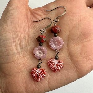 Soft Pink Flowers + Unique Red Leaves Double Dangle Earrings | Pretty Czech Glass Flowers, Boho Drop Earrings, Antiqued Brass Tone Finishes