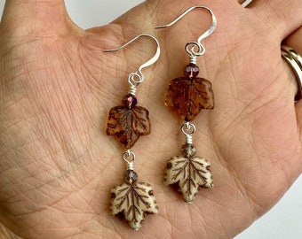 Falling Leaves Muted Neutrals Taupe + Soft Brown Leaf Dangles | Czech Glass Autumn Leaves, Boho Style Drop Earrings, Silver Tone Finishes