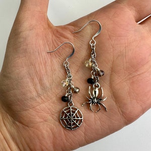 Spider + Web Long Dangle Earrings with Ombre Czech Glass | Pewter Charms Halloween Jewelry, Boho Style Drop Earrings, Silver Tone Finish
