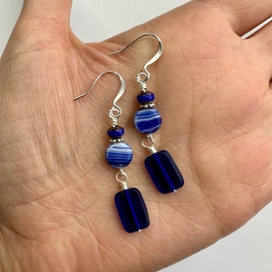 Cobalt + White Striped with Deep Blue Rectangle Czech Double Dangle Earrings | Table Cut Glass Beads Boho Style Drop, Silver Tone Finishes