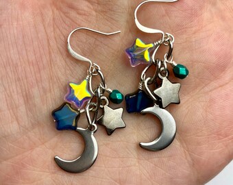 Moon and Stars Celestial Deep Teal + Iridescent Multi Dangle Earrings | Silver Moons and Czech Glass Stars Drop Earrings, Silver Tone Finish