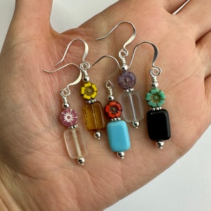Choose Your Color Combo! Czech Glass Rectangle + Daisy Dangle Earrings | Table Cut Glass Bead, Boho Style Drop Earring, Silver Tone Finish