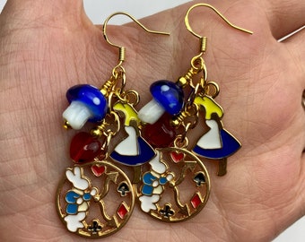 Blue Mushrooms + Alice in Wonderland Dangle Earrings | White Rabbit Alice in Wonderland Charms Disney Inspired Drop Earring Gold Tone Finish